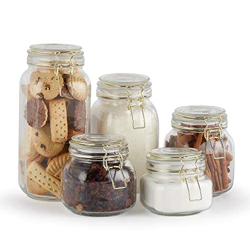 Vonshef Set Of 5 Clip Top Glass Storage Preserving Jars - With 10 Reusable Stickers & 1 Anti-Dust Chalk #TOP5