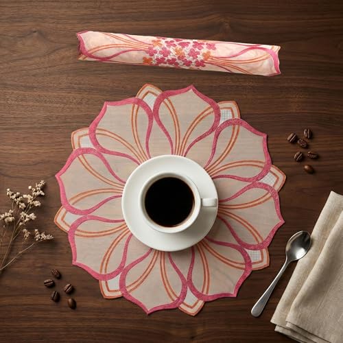 Image of Kuber Industries 4 Pcs Set PVC Round Side Table Mats | Reusable Dining Table Mat for Party, Wedding and Family Functions | Multi Leaf Design - Golden