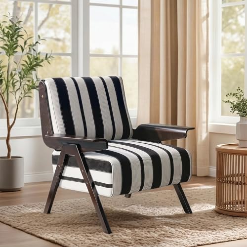 Trygoal Striped Living Room Armchair with Solid Wood Frame, Mid-Century Modern Accent Chair with Widened Armrests, Linen Upholstered Chair for Bedroom, Reading Room & Balcony (Black & White)
