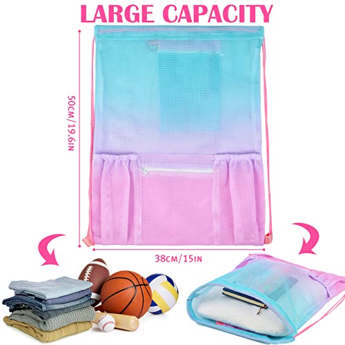 Mesh Drawstring Bag with Zipper Pocket, Beach Bag for Swimming Gear Backpack Gym Storage Bag for Adult Kids Pink Blue - Image 4