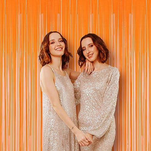 Image of Voircoloria 2 Pack Orange Foil Fringe Backdrop Curtains, Tinsel Streamers Birthday Party Decorations, Fringe Backdrop for Graduation, Baby Shower, Gender Reveal, Disco Party