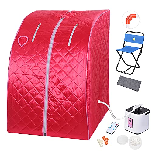 ZeHuoGe Red Portable Steam Sauna Kit SPA Detox 9-Level Temperature Adjustment 6-Level Time Setting 2L Steamer Digital Display Remote 220LBS Capacity of Chair US Delivery (Red)