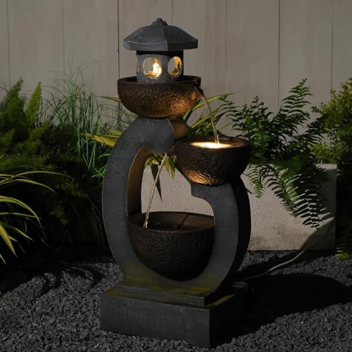 Gartenbrunnen mit LED-Beleuchtung, 3-stufiger Zen-Gartenbrunnen für Terrasse, Garten und Veranda – Robustes Kunstharz-Wasserfallelement im modernen japanischen Stil, 89 cm hoch