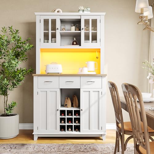 Merax Vitrinenschrank Küchenschrank mit LED Hochschrank Küchenbuffet, Buffetschrank mit Weinregal und Verstellbaren Ablagen, Kippschutz,106 x 40 x 179,5 cm,für Küche und Wohnzimmer - Weiße Schublade