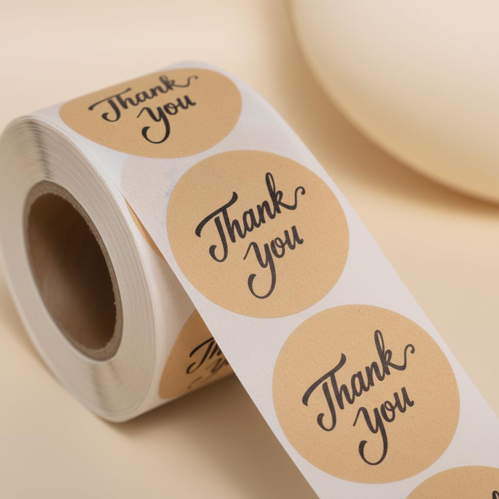Rotolo di 500 adesivi di ringraziamento – Etichette rotonde in carta kraft da 3,8 cm con scritta nera – Adesivi autoadesivi per imballaggi di piccole imprese, sacchetti di carta, scatole regalo buste