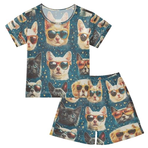 Pajama Sets Short Sleeve Cats Wearing Sunglasses Soft Cotton Summer Sleepwear 2 Piece PJS Size 5-14T