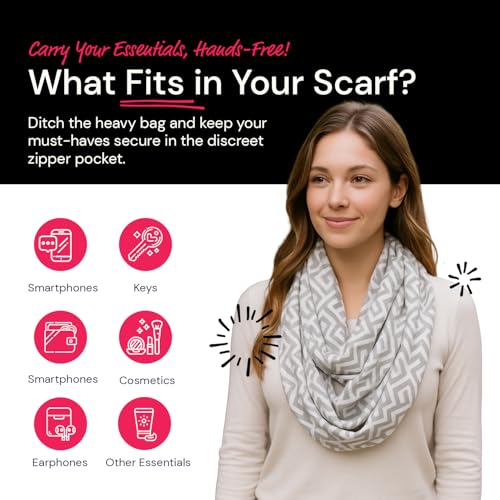 Infinity Scarf for Women - Travel Scarf with Hidden Pocket - Greek Key Pattern Scarves4