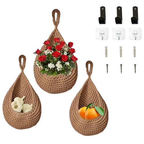 EKSWLS Hanging Fruit Basket for Kitchen,3pack Boho Woven Wall Decor Mounted Baskets with 6 Hooks to Storage Potato Onion Fruit flower Plant vegetable Snack for pantry Hallway Corner Bathroom(Linen)