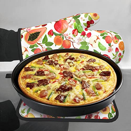 Fruit Flower Oven Mitts Pot Holders Set,2-Piece Set, Heat Resistant Waterproof Gloves For Kitchen Cooking, Baking, Bbq #TOP5
