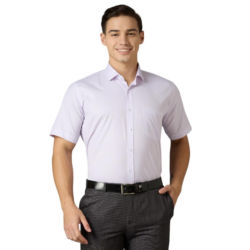 Image of MARK & ALBERT Men's Striped Half Sleeves Regular Fit Shirt | Stretchable Fabric