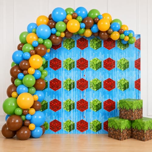 Pixel Balloon Arch Kit with 2 Foil Fringe Backdrop, Video Games Balloon Garland Pixel Theme Party Decorations for Boys, Pixel Game Theme Birthday Party Supplies by Bexlora - Used condition - US$10.23
