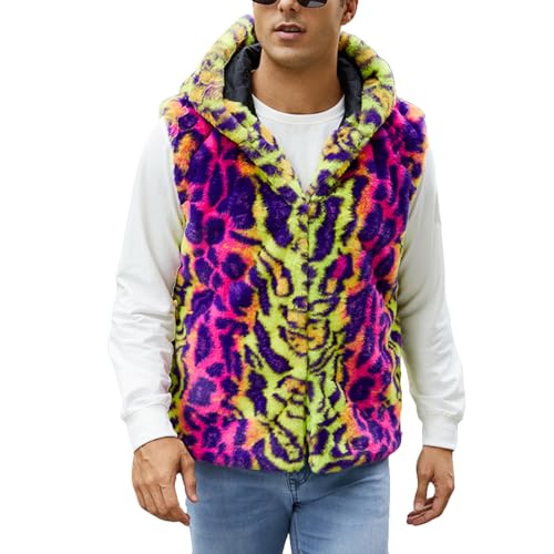 Cambkatl Men's Luxury Faux Fur Hoodie Vest - Colorful Leopard Open Front Sleeveless Thicken Winter Cardigan Jacket Coats