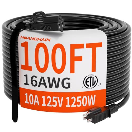 HUANCHAIN 16/3 100 Ft Outdoor Extension Cord Waterproof 16 Gauge Flexible Cold-Resistant Appliance Extension Cord Outside 10A 1250W 16AWG SJTW 3 Prong Electric Cable ETL