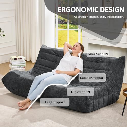 Image of Hobestluk Giant Bean Bag Chair Faux Fur BeanBag Couch for Living Room | Darkgrey Chenille, 3-Seater,Ergonomic Design,Memory Foam,Anti-slip Bottom,No Assembly,Decorative Style for Living Room