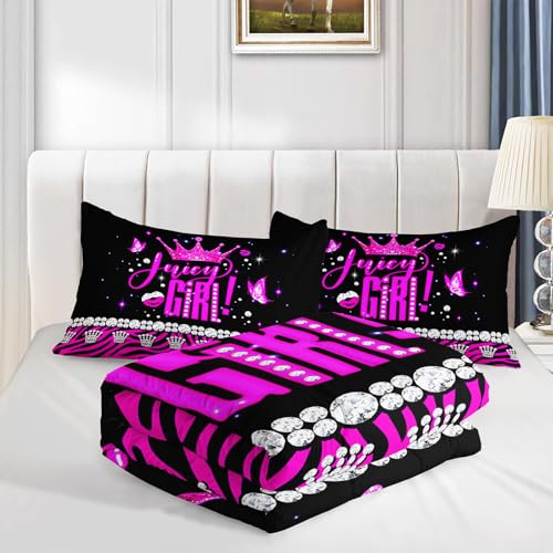 Image of AILONEN Girls Glam Crown Bedding Set Full Size,Hot Pink & Black Zebra Print Comforter with 2 Pillowcases,3-Piece Diamonds Quilt Set for Fashion Girl Bedroom