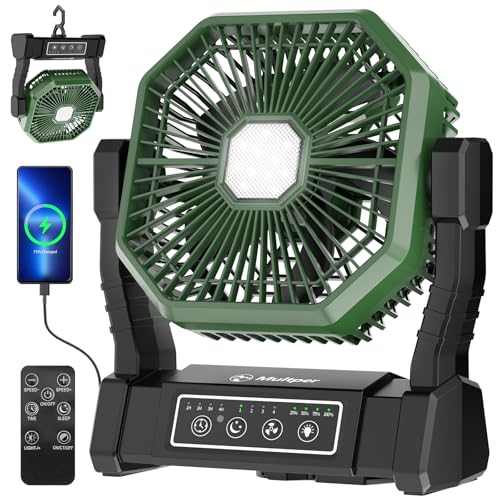 Camping Ventilator mit Akku Leiser Zelt Ventilator mit LED Licht & Haken 8-30 Std. Laufzeit Tragbarer Ventilator mit Powerbank Timer & Fernbedienung 10000mAh Ideal für Camping Outdoor Wohnmobil
