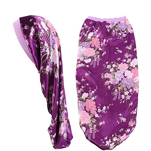Extra Long Satin Bonnet Sleep Cap Long Bonnet for Braids Hair Loose Cap (Purple Flowers)
