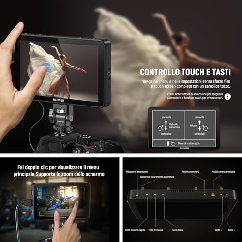 Neewer F600 7" Monitor Da Campo Per Fotocamera, Touchscreen Ips Hd 1920X1080 2400Nit Con Lut 3D, Loop In/Out Hdmi 4K Con Peak Focus Dslr Video Assist Hdr Waveform, Attacco Cold Shoe, Senza Batteria - 7