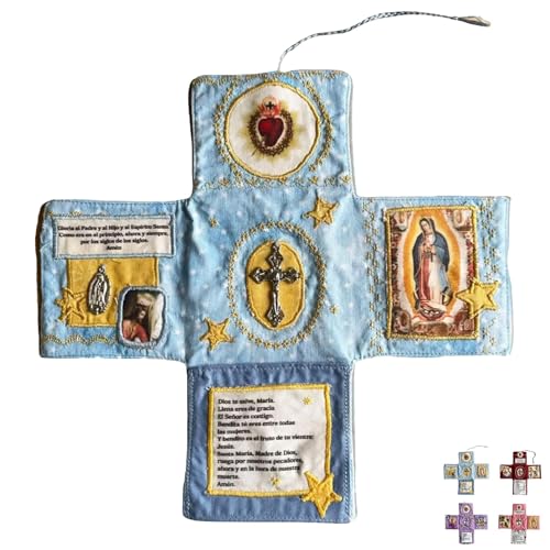 Devocional de Bolsillo Artesanal edición Fe, Libro de Oración de Bolsillo Bordado a Mano, Colcha Cristiana Plegable, Libros Devocionales Diarios, Kit de Viaje Católico con Cruz E Imágenes(Blue)