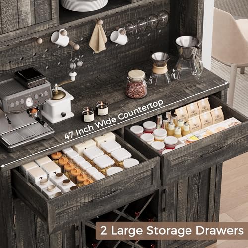 72\" Coffee Bar Cabinet with Power Outlet & LED Light, Farmhouse Large Kitchen Hutch with Sliding Barn Door, Tall Bar Cabinets with Storage Drawers & Wine Glass Rack,Pantry China Cabinet,Black Oak - Thumbnail 4