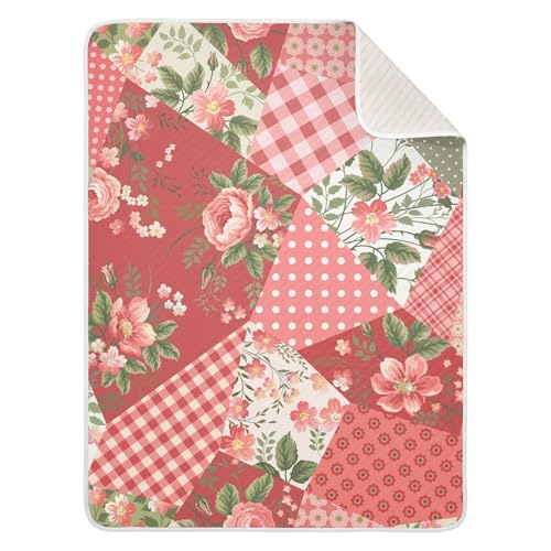 Fuauuyl Coperta decorativa patchwork con rose per neonati, ragazzi e ragazze, ultra morbida, calda e accogliente, coperta a doppio strato per neonati, 76 x 101 cm