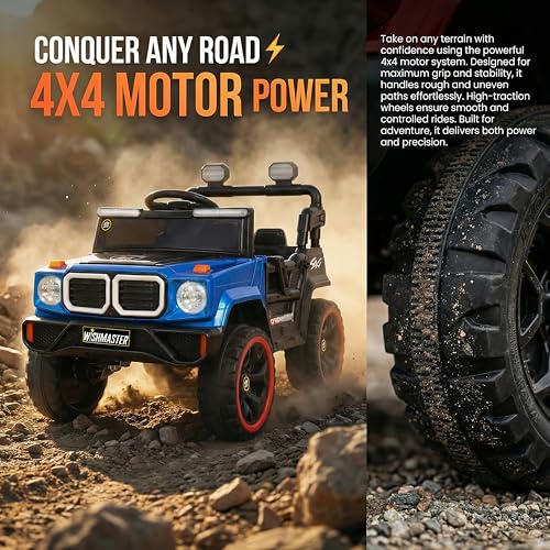 Image of Wishmaster 4x4 Kids Electric Ride On Jeep with Remote Control | Battery Operated Car for Kids 2-6 Years | RGB LED Lights, Bluetooth Music | Birthday Gift | 1-Year Warranty On Motors & Motherboard