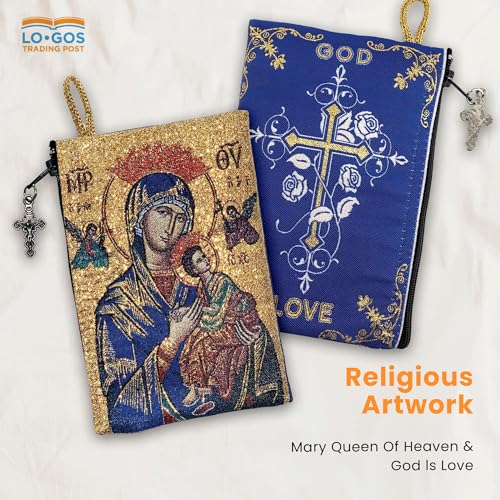 Image of Catholic Rosary Pouch, 4 inch x 6 inch Jewelry & Coin Purse with Cross, Small Woven Tapestry Icon Bag, Bolsa de Rosario Catolico para Joyeria, Mary Queen of Heaven & God is Love, 4 inch x 6 inch