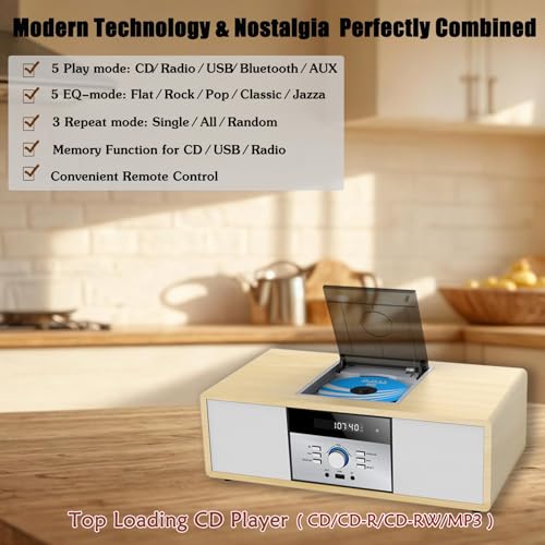 Bluetooth Stereo System for Home with CD Player, Vintage Wooden Hi-Fi Music System with Bluetooth, FM Radio, AUX & USB Input, Remote Control, Compact Radio & Stereo by WIITHINK - Image 3