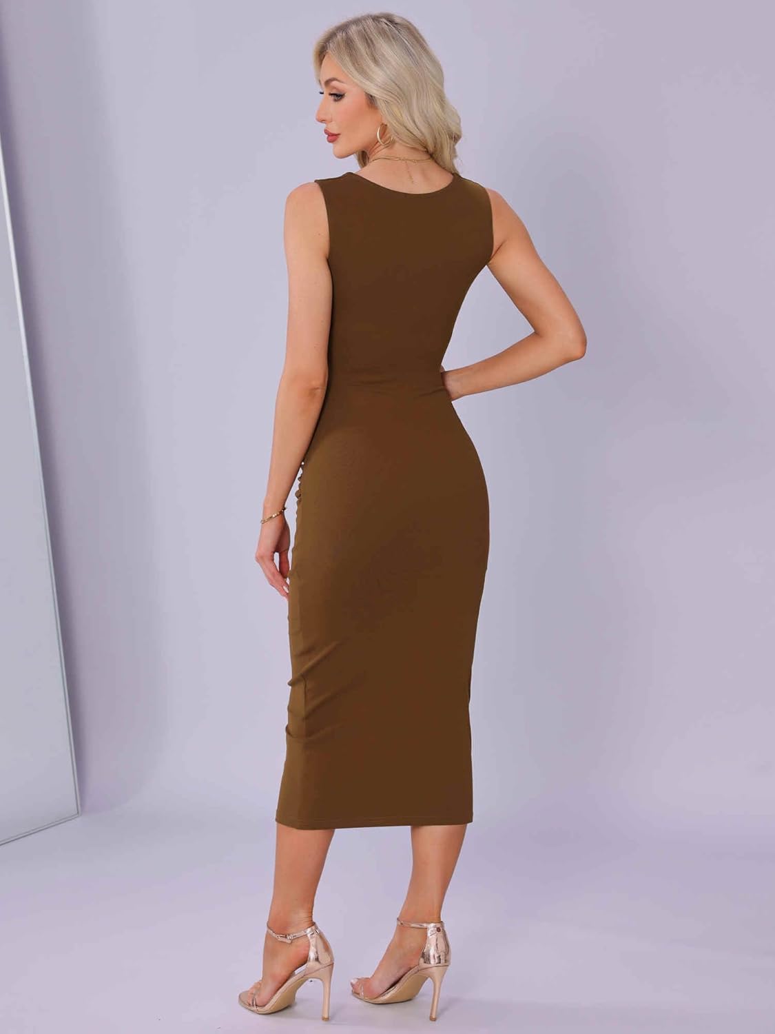 Allegra K Bodycon Dresses for Women Elegant Square Neck Sleeveless Waisted Ruched Tank Midi Dress - Image 2