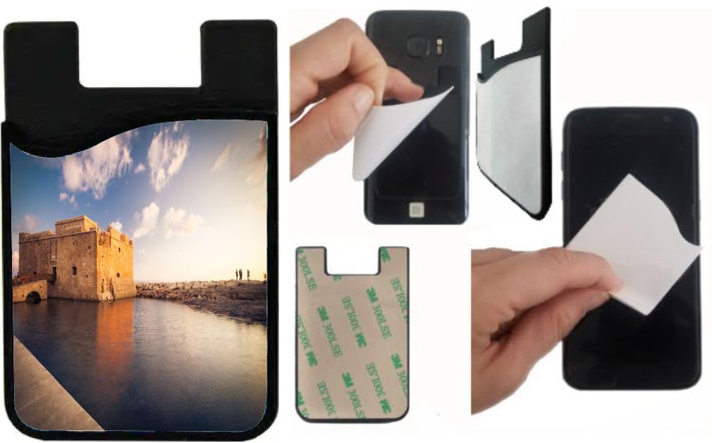 Island Gifting Neoprene Stick-on ID Card Holder for iPhone/Galaxy/Google Android Cases Featuring Image of Late Afternoon View of Paphos Castle in Cyprus
