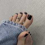 24pcs Press On Toes Nails Pure Black Fake Toenails Full Cover Short Glue On Toe Nails Glossy Minimalist Design Acrylic Toe Nails Summer Black False Toe Static Nails For Women Toes Nail Decorations