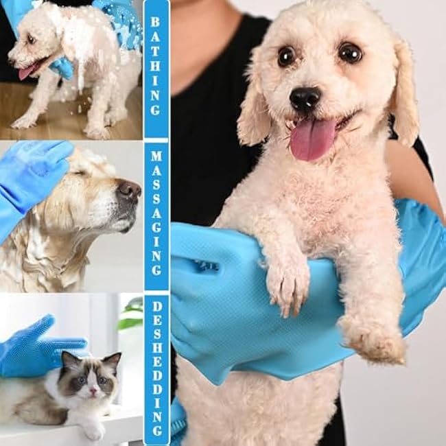 Dog Washing Gloves, Pet Grooming Gloves with Soft Brushes, Bathing and Massaging for Dogs and Cats, Silicone Heat Resistant Cleaning Gloves with High-Density Teeth (Blue)-kwBjRLFn