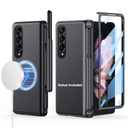 Libeagle for Samsung Galaxy Z-Fold-3 Case, Support All Magsafe Accessories, Leather Back, Generic Stylus Include & Removable S Pen Holder, Hinge Protection, Screen Protector Cover 5G - Black