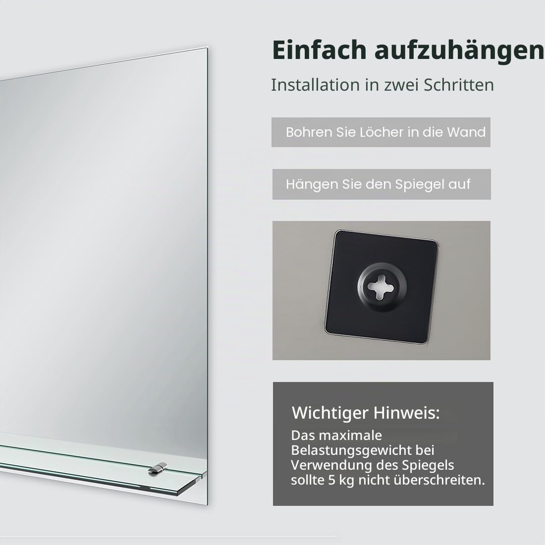 EMKE Rahmenloser Spiegel mit Ablage, Kleiner Badezimmer-Wand-Rasierspiegel mit Aufbewahrung, rechteckiger Schminkspiegel, 80 x 60 cm Küche, Haushalt & Wohnen