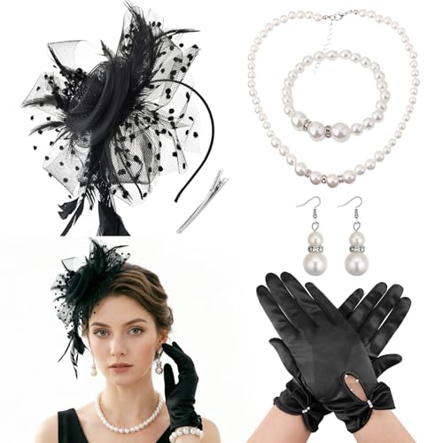 Image of DRESHOW 1920s Vintage Fascinators Hat for Women Veil Mesh Tea Party Derby Hat Bow Satin Gloves Pearl Jewelry Set for Cocktail