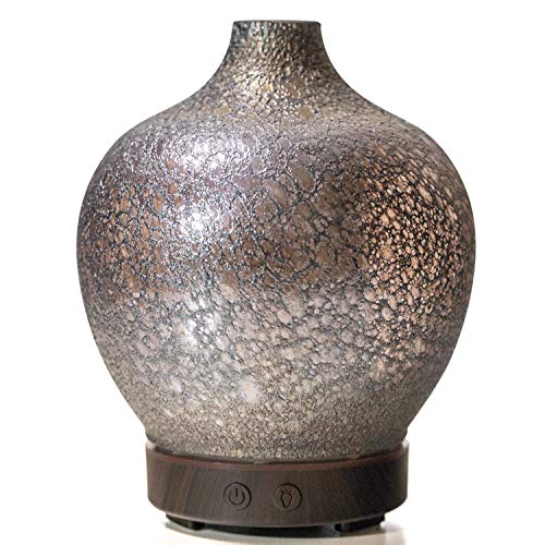 YIYUKODO 100ml Essential Oil Diffuser, Art Hand Blown Glass Ultrasonic Cool Mist Humidifier with Waterless Auto Shut-Off and Timer, 7 Color LED Lights Changing for Home Office Yoga（Antique Brown）