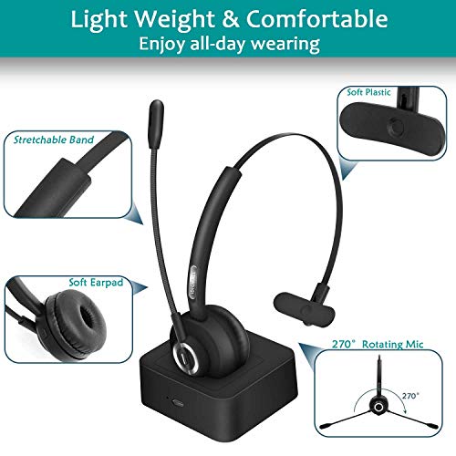 Idigmall Trucker Bluetooth 5.0 Headset For Cell Phones, Wireless Headphones W/Mic, Noise Cancelling Office Headset W/Charging Base For Pc Laptop Call Center Skype (Dark Black)… #TOP5