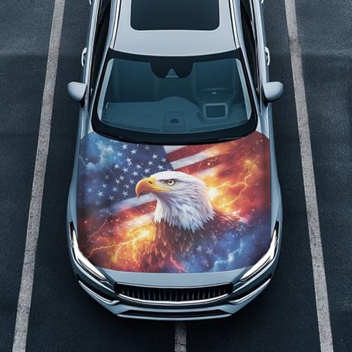 Image of Renewold Eagle American Flag Flame Car Hood Cover Protector Hood Covers for Cars Hood Wrap Blanket Women Men Automotive Exterior Accessories Decor for Most Sedan Small SUV Truck
