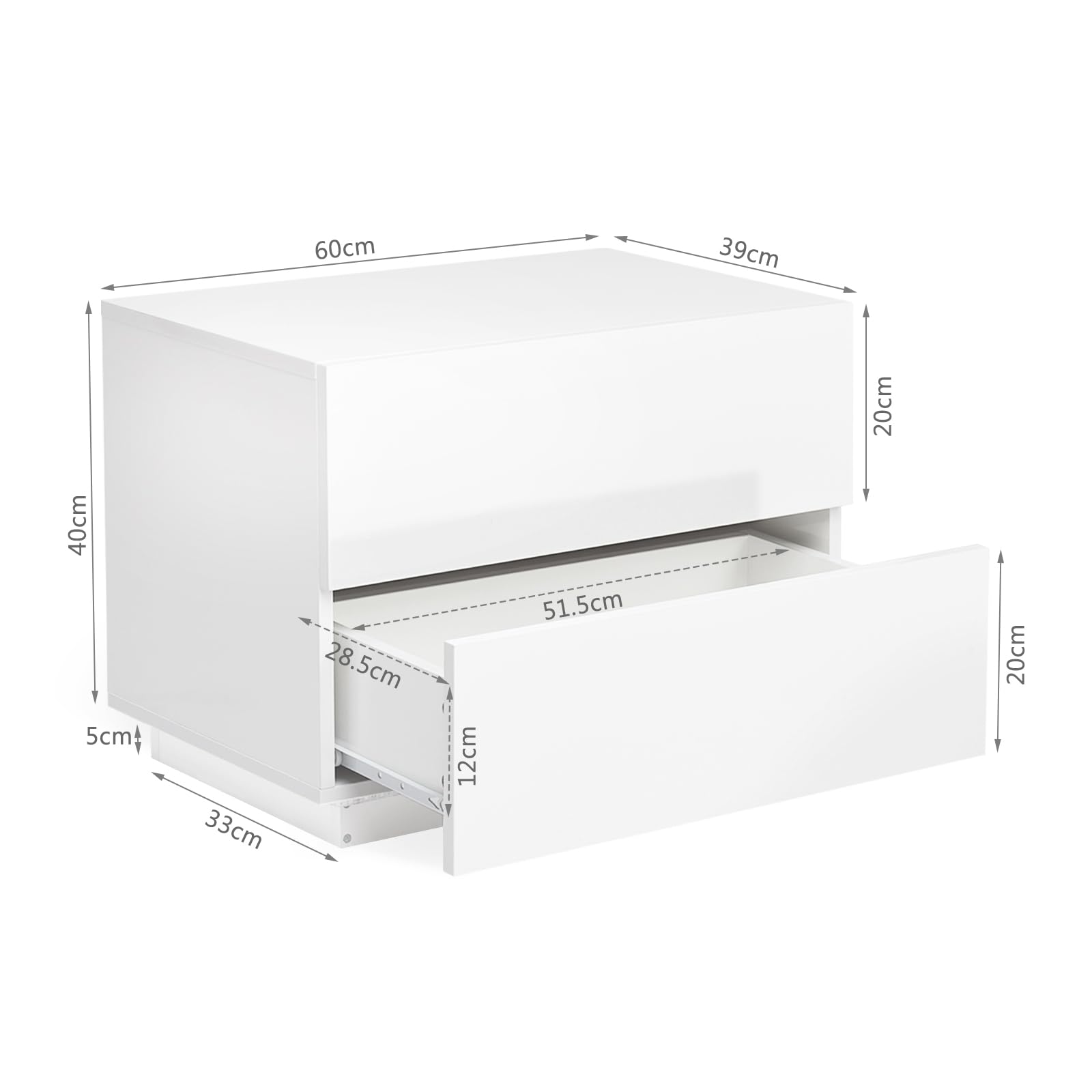 Mondeer Meerviel - Table de Chevet - LED Meuble de Rangement avec 2 Tiroirs Haute Brillante USB Lumineuse pour Chambre Salon 60x39x45cm (Blanc)