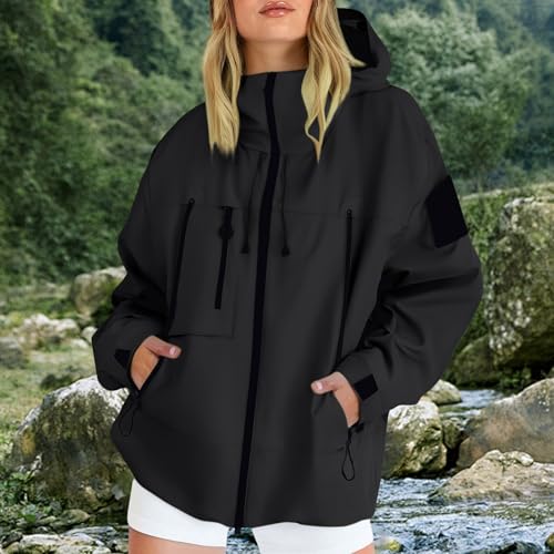 goeamcru Ladies Winter Jackets，Lightweight Hooded Rain Coats for Women Windbreaker Waterproof Active Outdoor Trench Coats Zipper Quick Dry Rain Jacket for Hiking Walking Cycling Black - Image 2