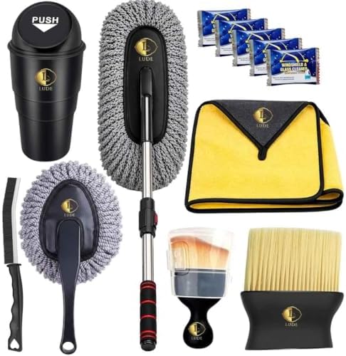 LUDE Car Cleaning Kit |Exterior Car Duster Microfiber Brush |Car Interior Cleaning Brush Set,Microfiber Cloth,Mini Car Dustbin |Free 5 Glass Cleaner Tablets|Car Cleaning Accessories 2026 Combo Set