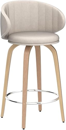 Miniatura 4 de Juego de 2 taburetes de bar modernos de madera curvada de mediados de siglo, taburetes giratorios de piel sintética con respaldo para encimera de