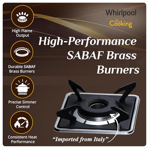 Image of Whirlpool 75cm 3 Burner Auto Ignition Gas Stove | SABAF Brass Burners & Valves | 8mm Thick Toughened Black Glass | 10-Year Burner & Valve and 5-Year Glass Warranty | GRANDIOSA ULTRA LOTUS 753 CT AI BR
