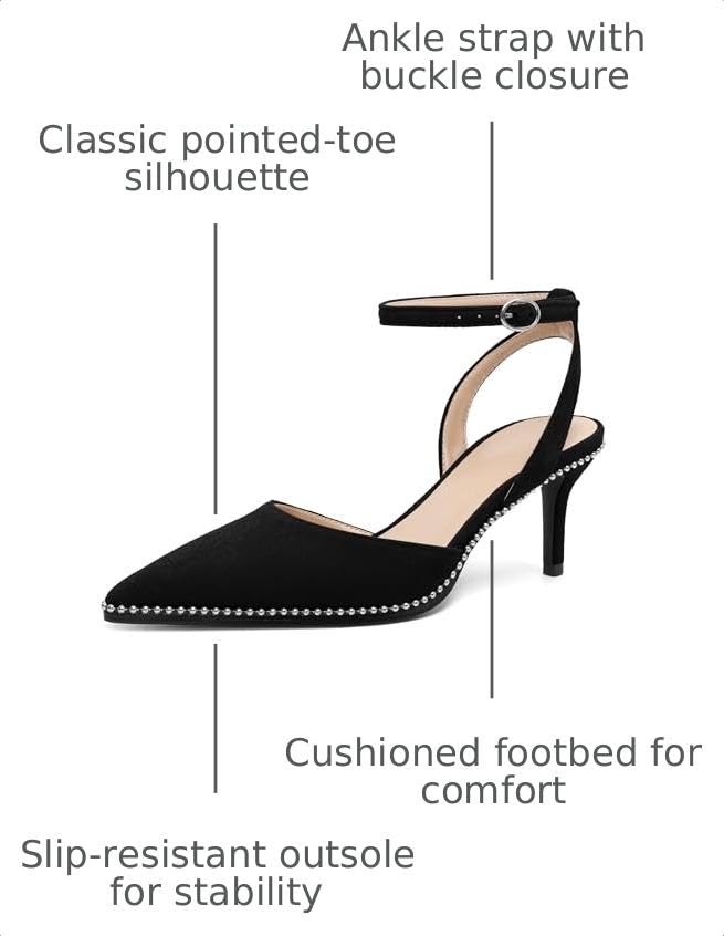 Image of SAMMITOP Kitten Heels for Women Low Heel Closed Toe Ankle Strap Pumps Wedding Party Beaded Dress Shoes 2.4 Inch