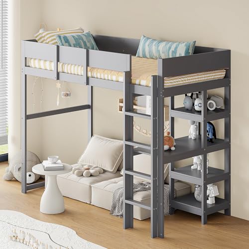 Aoskem Kinderbett Hochbett 90x200, Etagenbett Hausbett mit Leiter, Stauraum Regale und Schreibtisch, Holzbett Einzelbett Jugendbett Bettgestell mit Rausfallschutz und Lattenrost, Ohne Matratze (Grau) Aoskem Kinderbett Hochbett 90x200, Etagenbett Hausbett mit Leiter, Stauraum Regale und Schreibtisch, Holzbett Einzelbett Jugendbett Bettgestell mit Rausfallschutz und Lattenrost, Ohne Matratze (Grau)