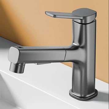 Bathroom Faucet with Pull Out Sprayer,Single Hole Sink 3 Modes,Brass Handle for Hot and Cold Water Vanity Basin,WhiteGun Gray