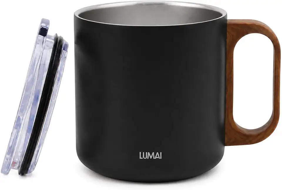 LUMAI Caneca Térmica 350ml Inox com Tampa Antivazamento Premium - Preta | Caneca de Café Caraíva, Aço Inox 304, Parede Dupla com Isolamento Térmico, Alça Estilo Madeira, Bebidas Quentes ou Frias