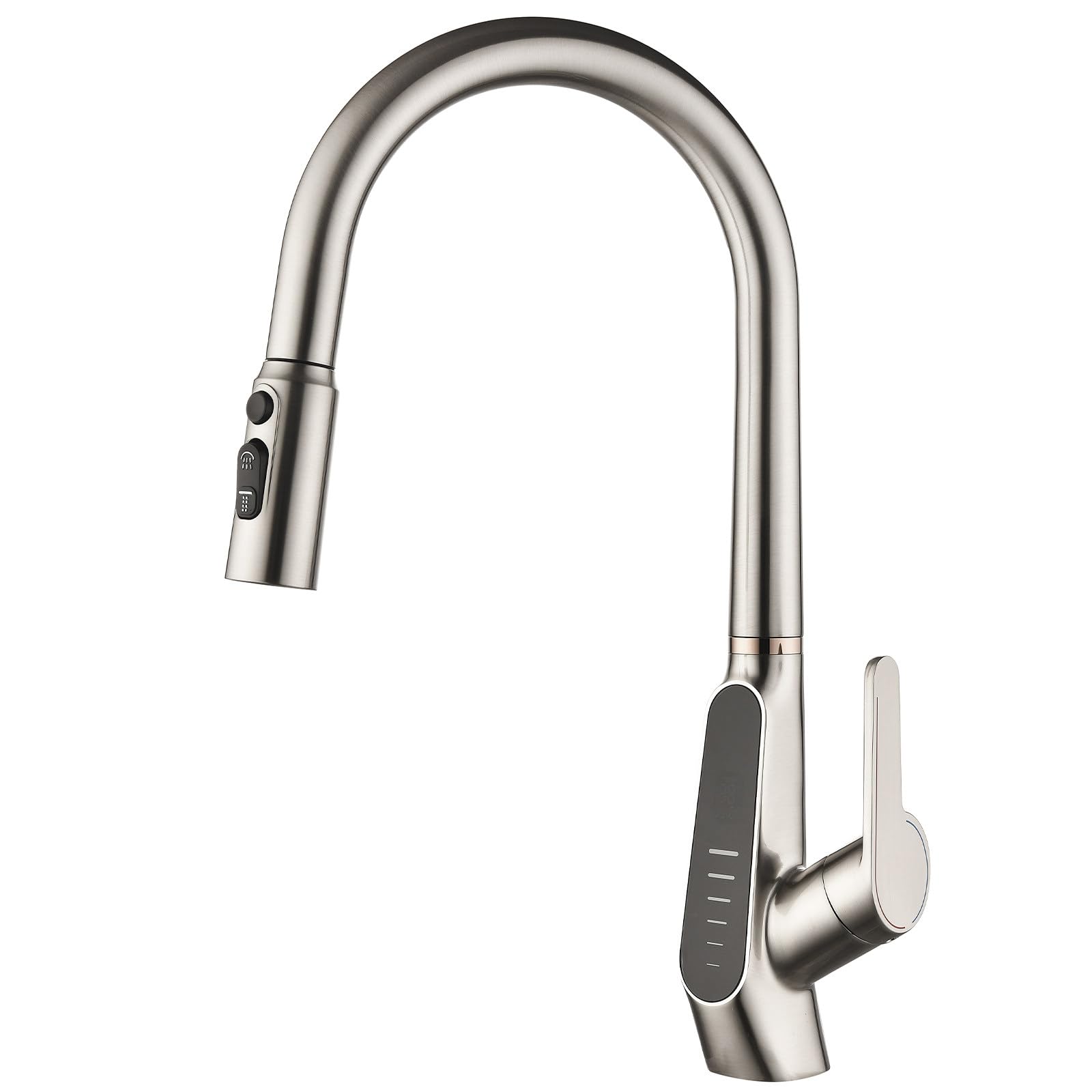 Kitchen Faucet with Pull Down Sprayer, Solid Brass High Arc Kitchen Sink Faucet with LED Digital Display Faucet for Kitchen Sink for Farmhouse Camper Kitchen Rv, Single Handle (Brushed Nickel)
