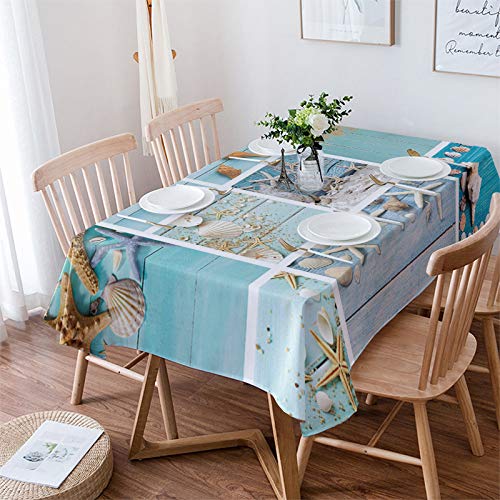 Warm Tour Summer Beach Theme Rectangle Tablecloths Sea Starfish Washable Waterproof Table Cloth Blue Wood Board Table Cover For Kitchen Dinner Holiday Party Decor #TOP7