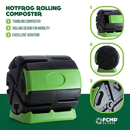 FCMP Outdoor HOTFROG Rolling 37-Gallon Single Chamber Batch Tumbling Composter - Outdoor Rotating Garden Compost Bin, Black & Green